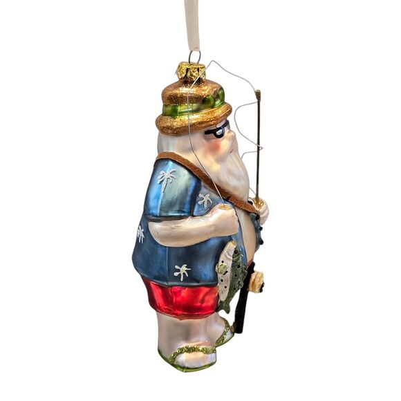 Vacation Hippie Flip Flop Fishing Rod Tiki Santa Claus 5" Blown Glass Ornament - Picture 7 of 12